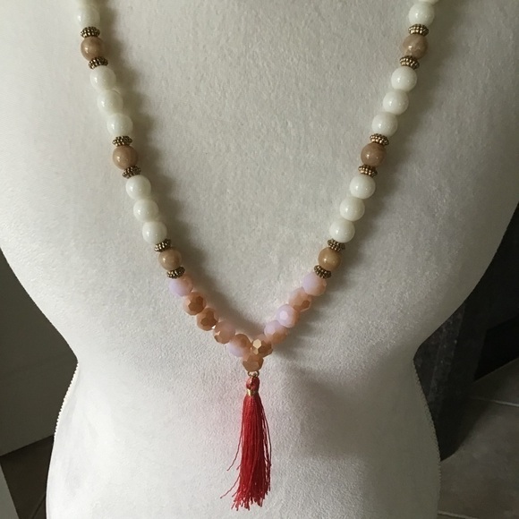 Tassel Necklace Coral Ivory Pink Faceted Beads Long Boho Adjustable Goldtone - Picture 9 of 12